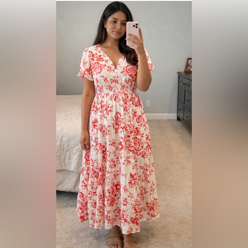 Chicwish White Maxi Dress with Red Floral Print